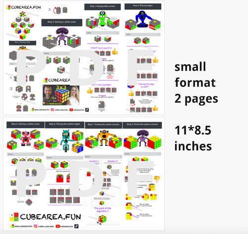 PDF Printable Scheme How to solve a Rubik's cube 3x3 by Cubearea.fun (2 formats, big format - 6 pages 11*8,5 inches, small format - 2 pages 11*8,5 inches)