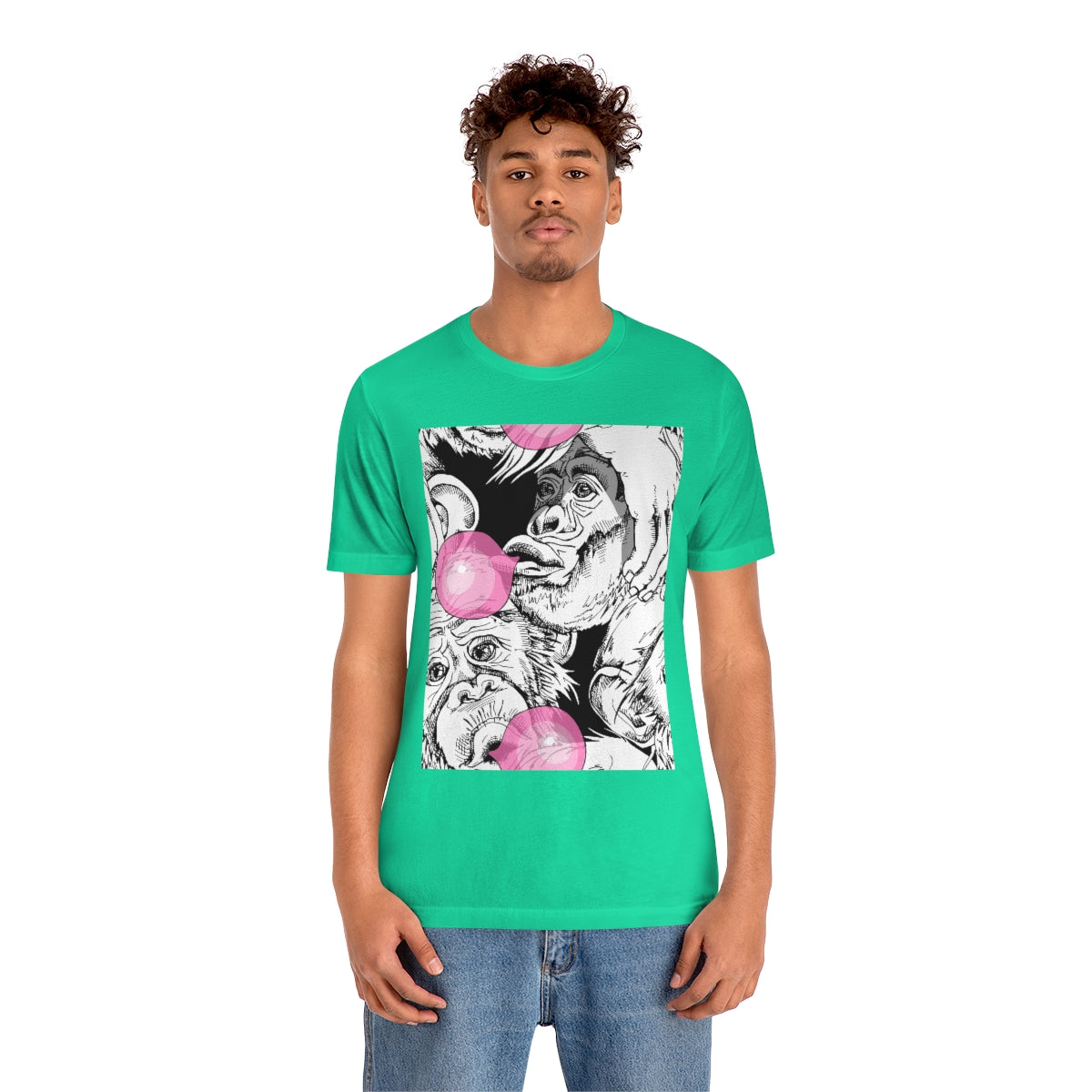 Unisex Jersey Short Sleeve Tee "Funny Monkey with a pink bubble gum"