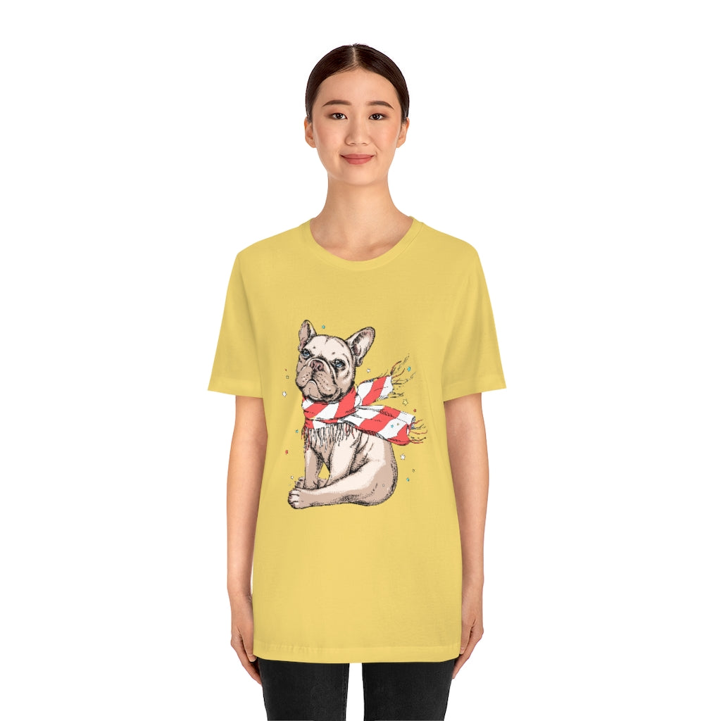 Unisex Jersey Short Sleeve Tee "French bulldog in a striped scarf"