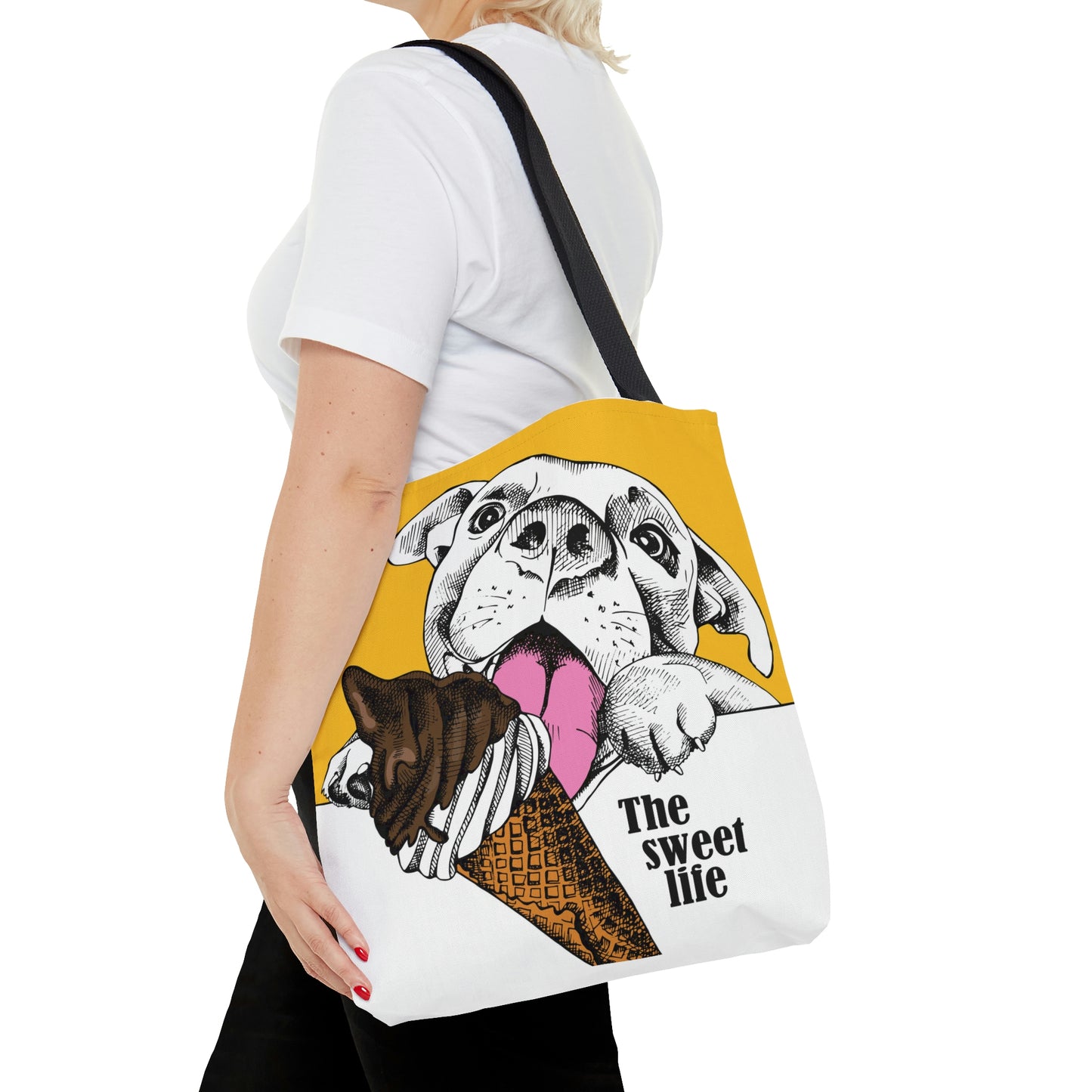 AOP Tote Bag "Happy dog with ice cream on yellow background"