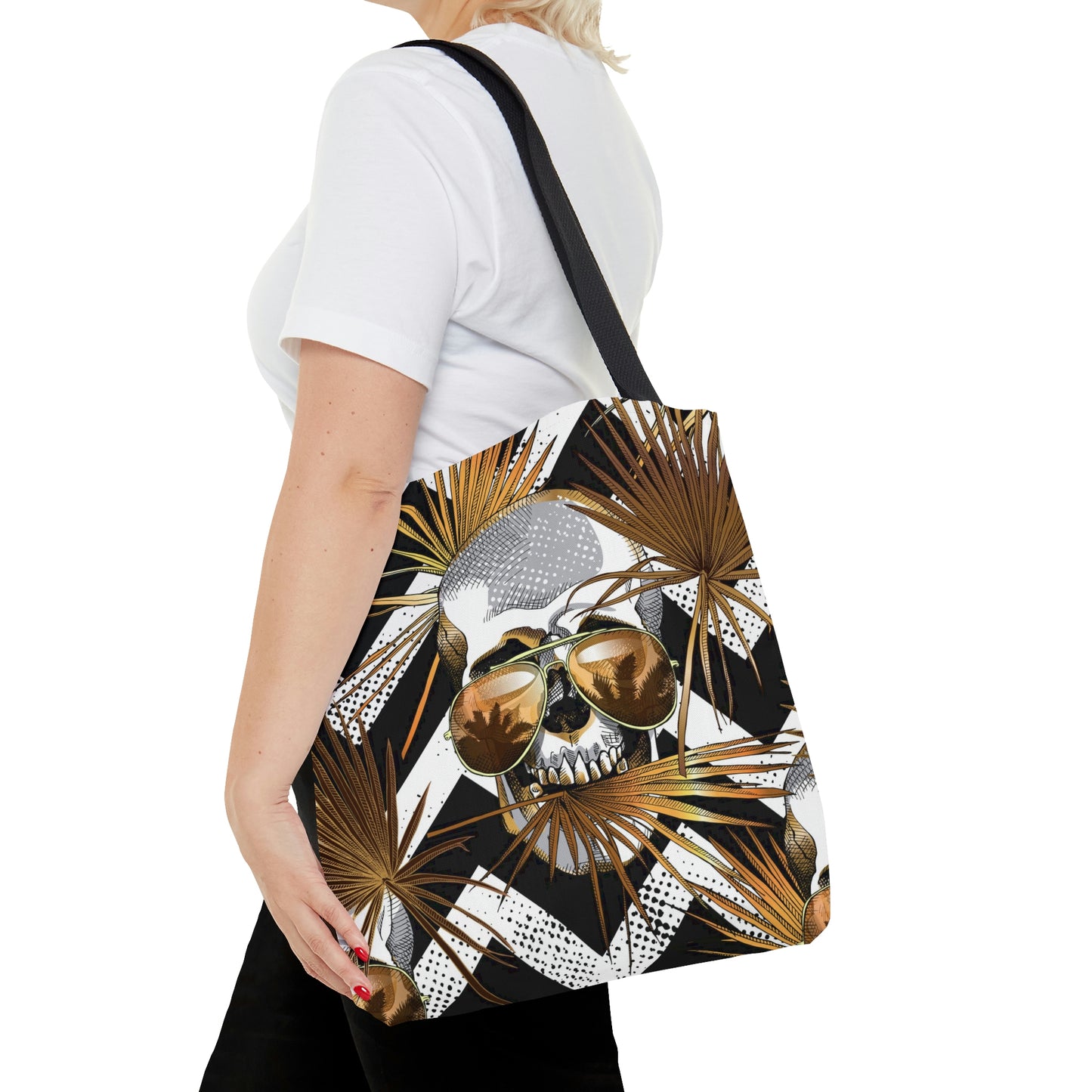 AOP Tote Bag "Tropical leaves and skulls"