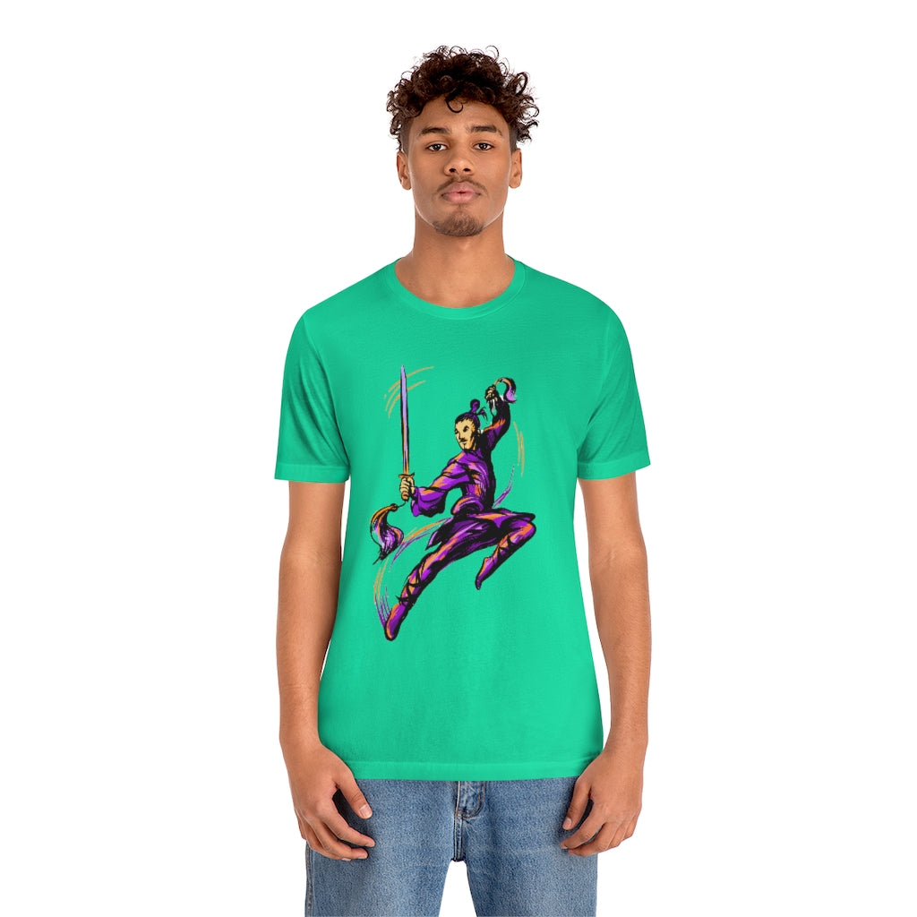 Unisex Jersey Short Sleeve Tee "Master of wushu in a purple kimono with a sword on training"