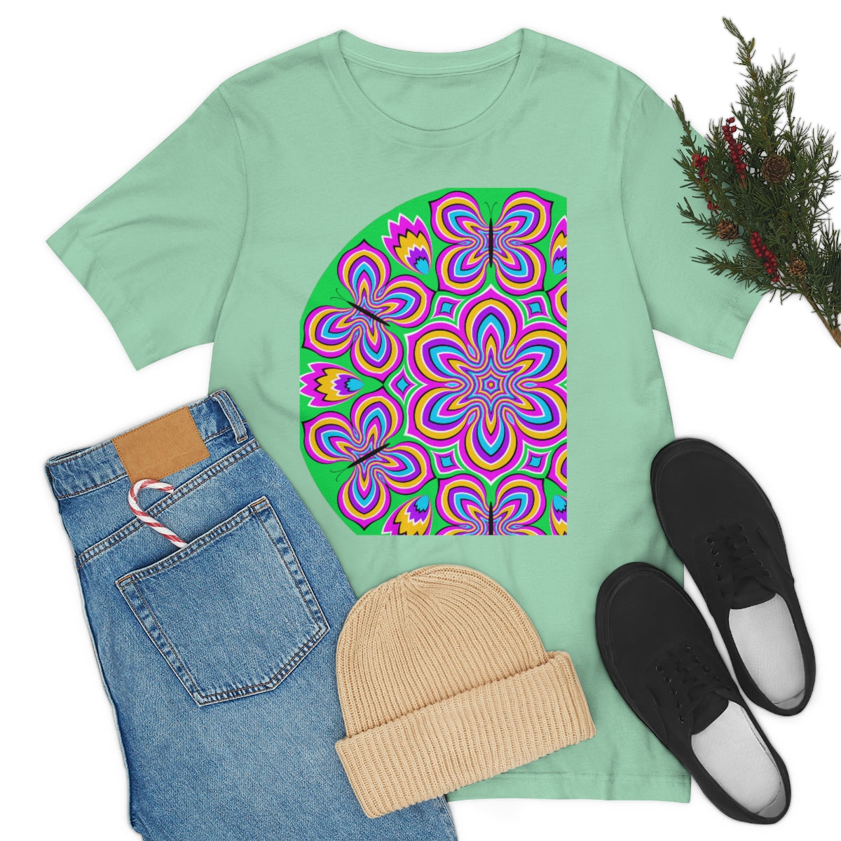 Unisex Jersey Short Sleeve Tee "Optical illusion Colorful flower and butterflies"