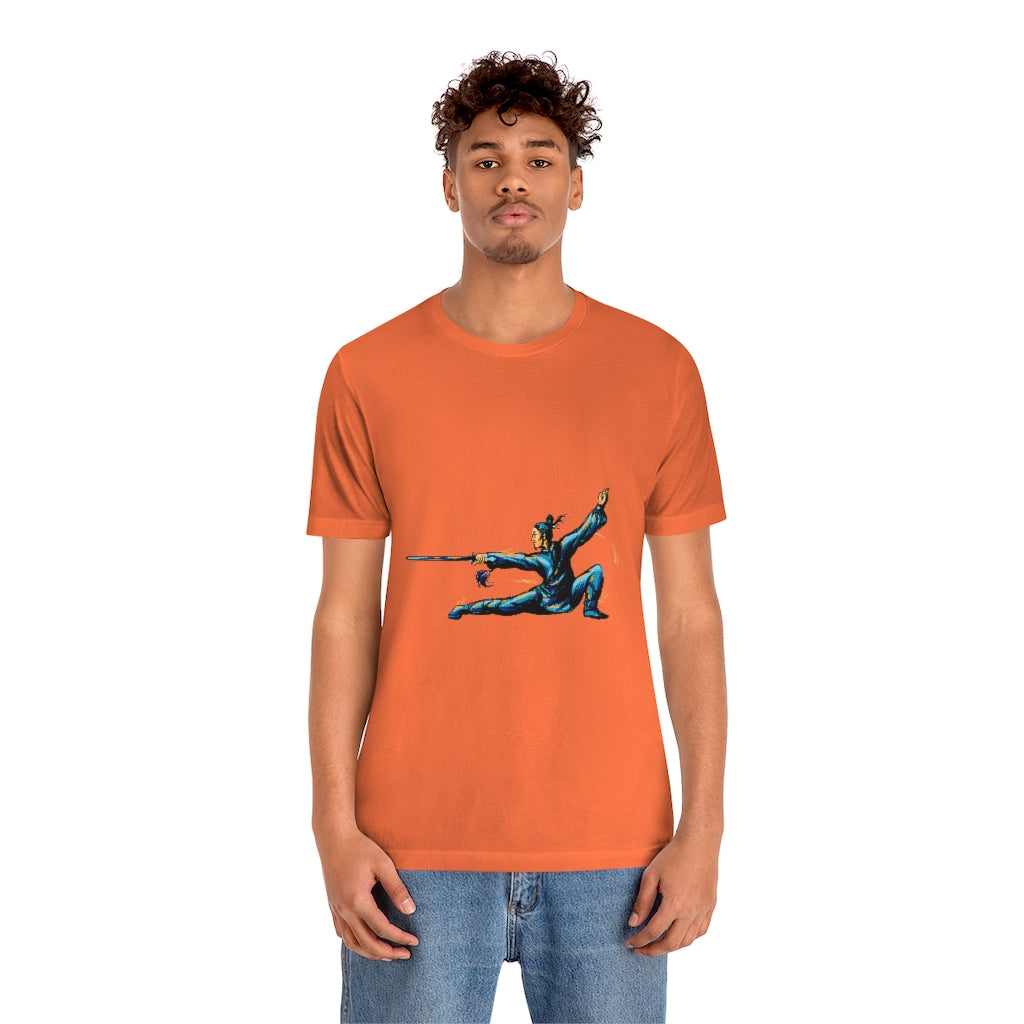 Unisex Jersey Short Sleeve Tee "Master of wushu in a blue kimono with a sword on training"