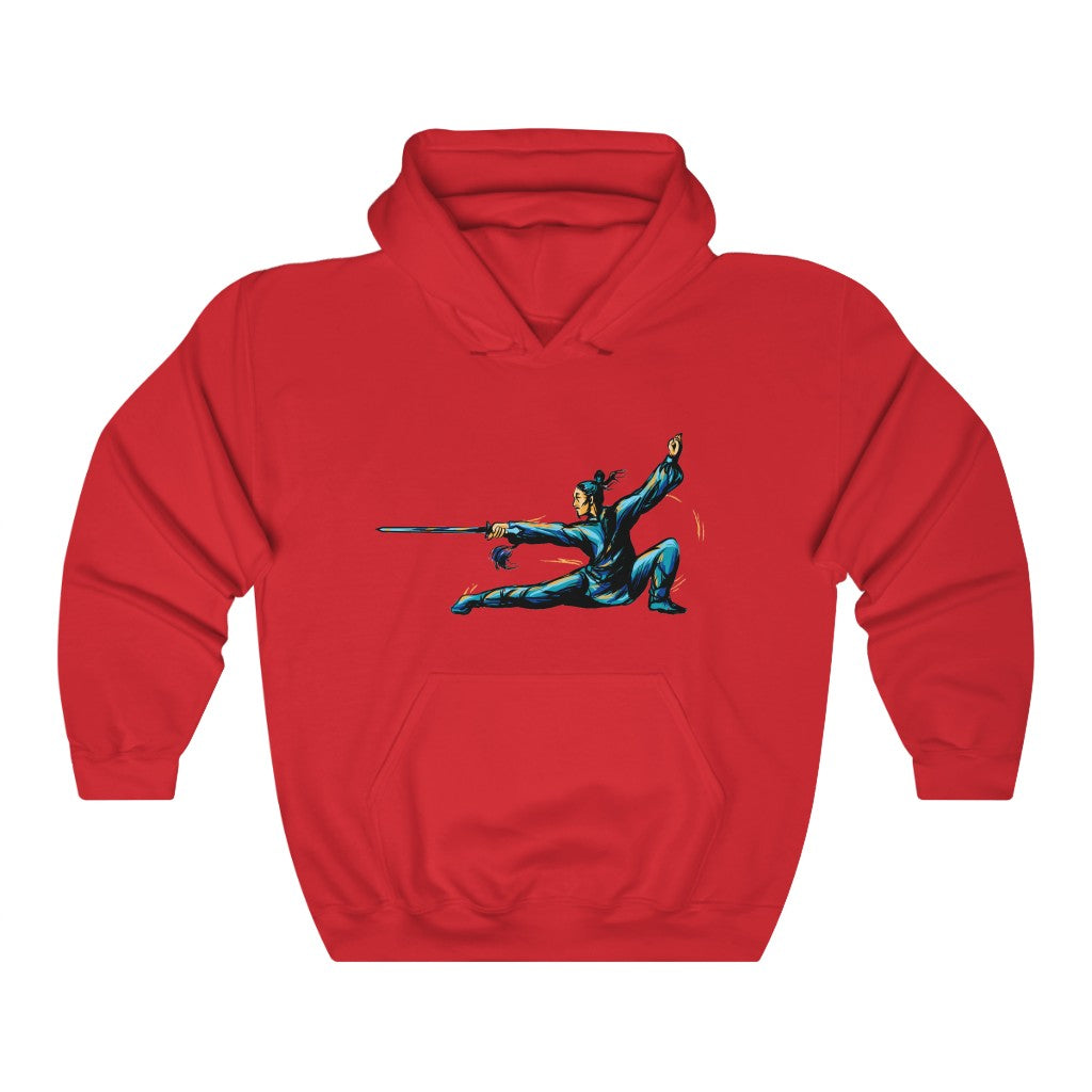 Unisex Heavy Blend™ Hooded Sweatshirt "Master of wushu in a blue kimono with a sword on training"