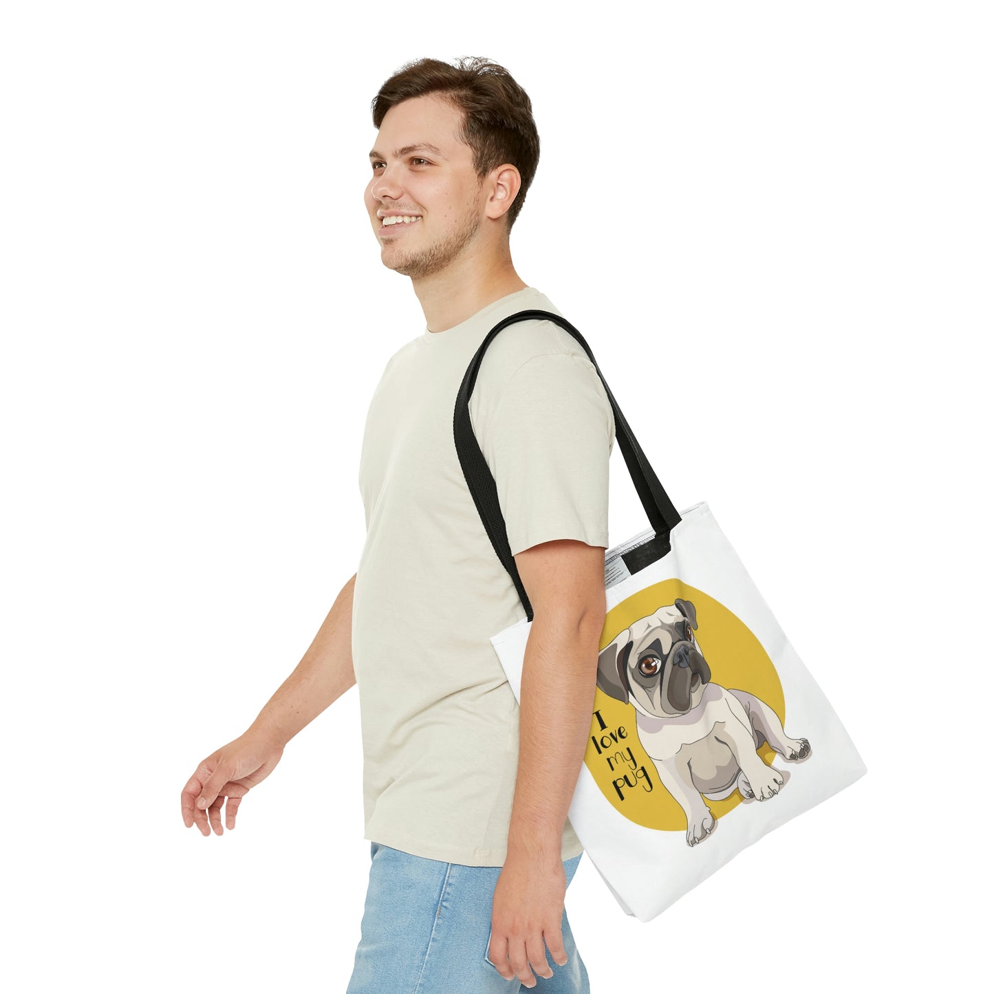 AOP Tote Bag "Puppy Pug on a yellow background"