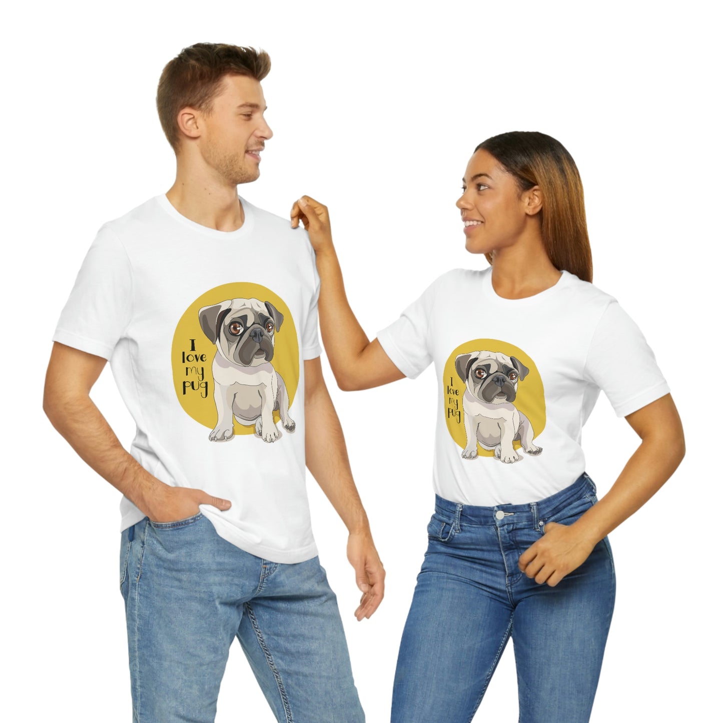Unisex Jersey Short Sleeve Tee "Puppy Pug on a yellow background"