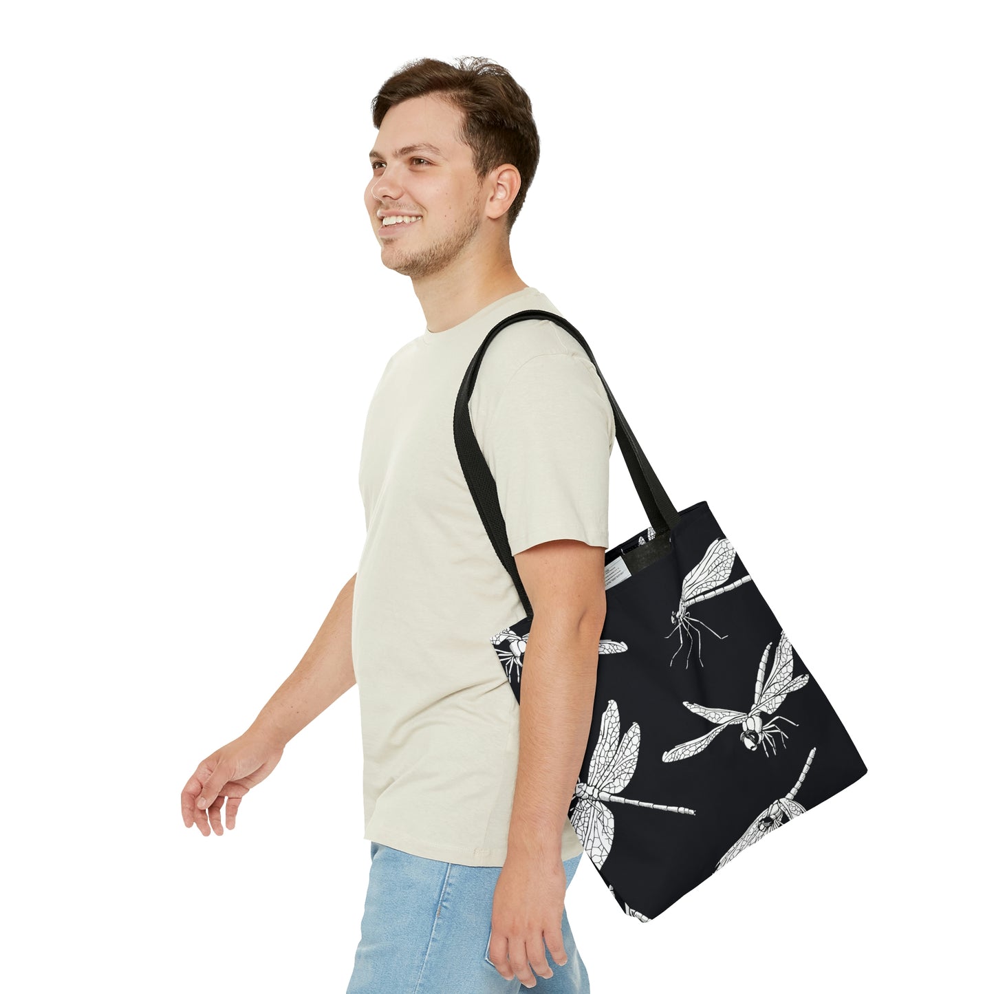 AOP Tote Bag "White dragonflies on a black background"