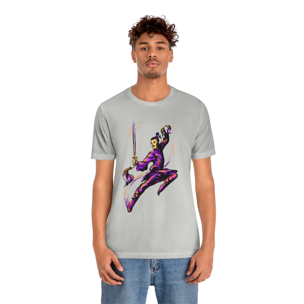 Unisex Jersey Short Sleeve Tee "Master of wushu in a purple kimono with a sword on training"