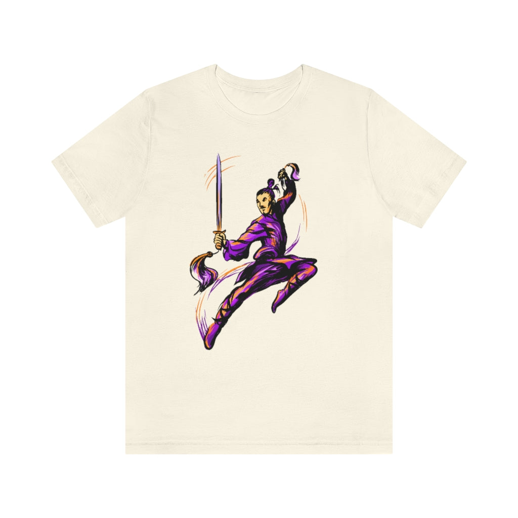 Unisex Jersey Short Sleeve Tee "Master of wushu in a purple kimono with a sword on training"