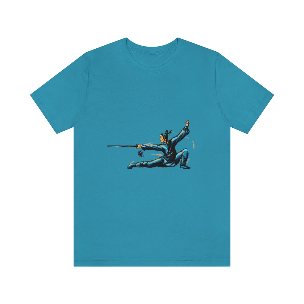 Unisex Jersey Short Sleeve Tee "Master of wushu in a blue kimono with a sword on training"