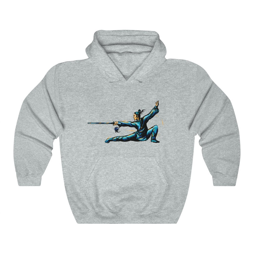 Unisex Heavy Blend™ Hooded Sweatshirt "Master of wushu in a blue kimono with a sword on training"
