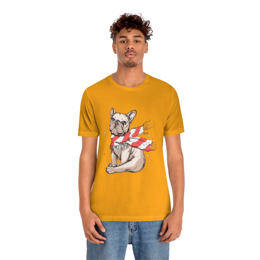 Unisex Jersey Short Sleeve Tee "French bulldog in a striped scarf"