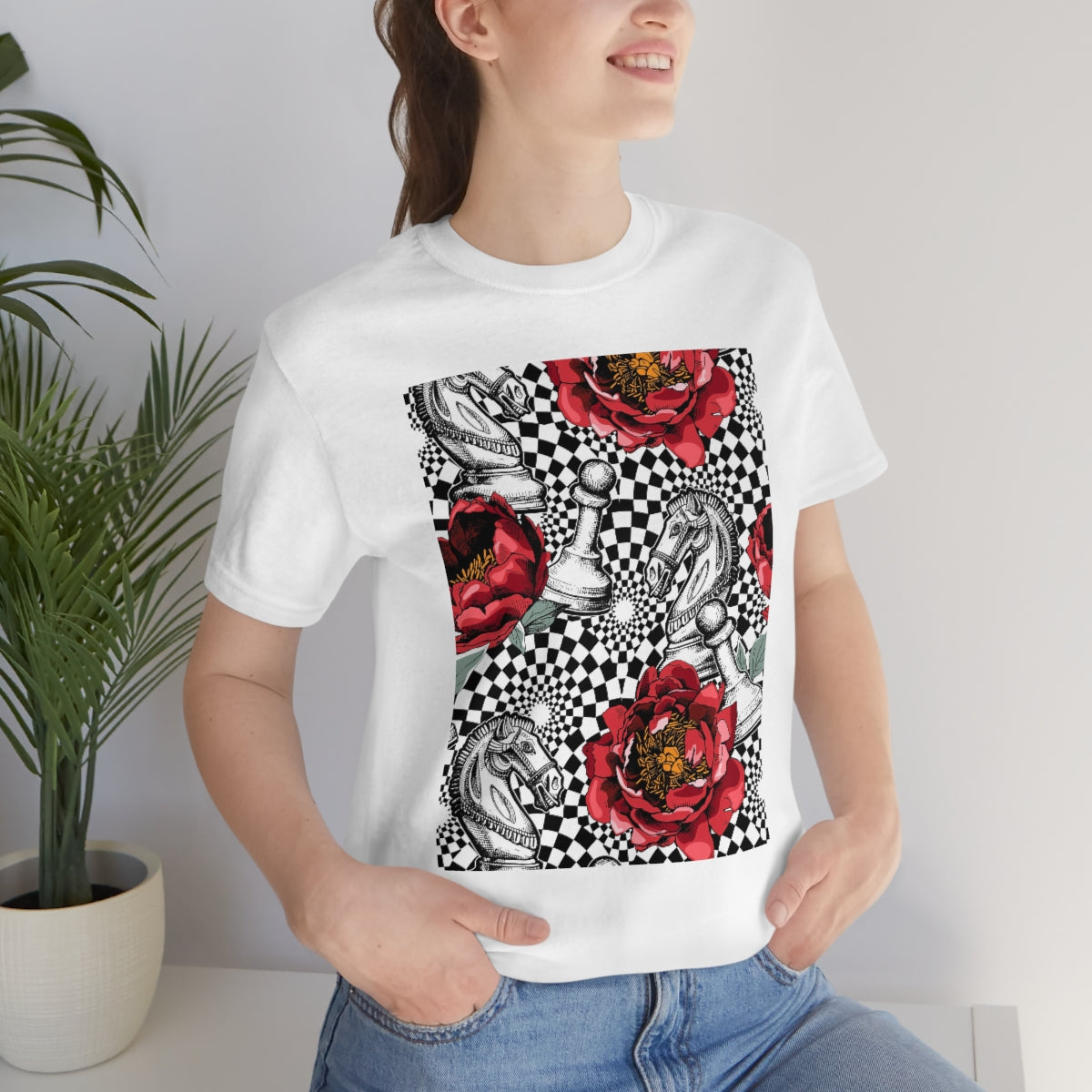 Unisex Jersey Short Sleeve Tee "Optical illusion Chess & flowers"
