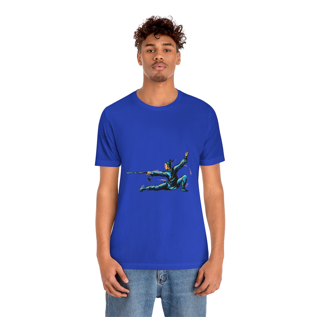 Unisex Jersey Short Sleeve Tee "Master of wushu in a blue kimono with a sword on training"