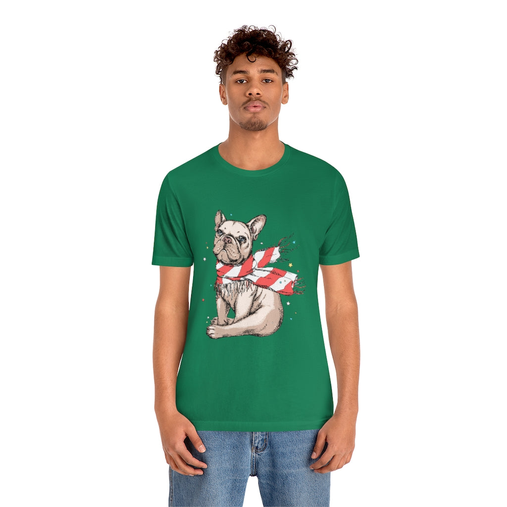 Unisex Jersey Short Sleeve Tee "French bulldog in a striped scarf"
