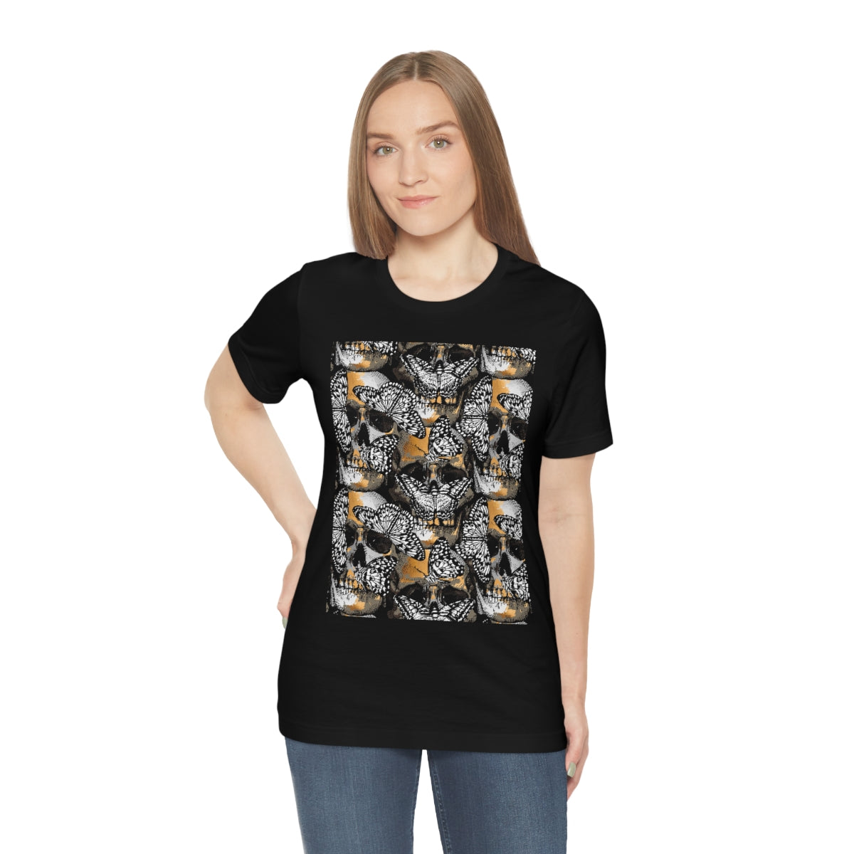 Unisex Jersey Short Sleeve Tee "Gold and silver Human skulls with & Butterflies"