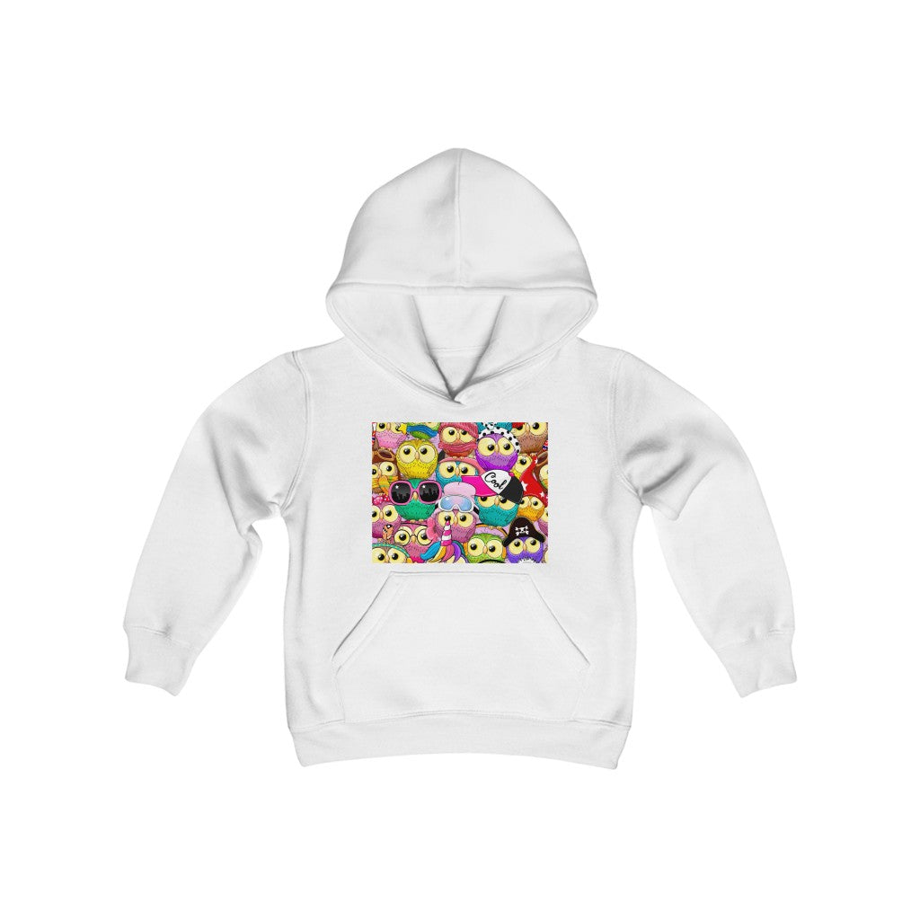 Youth Heavy Blend Hooded Sweatshirt "Colorful Pattern with cute cartoon owls"