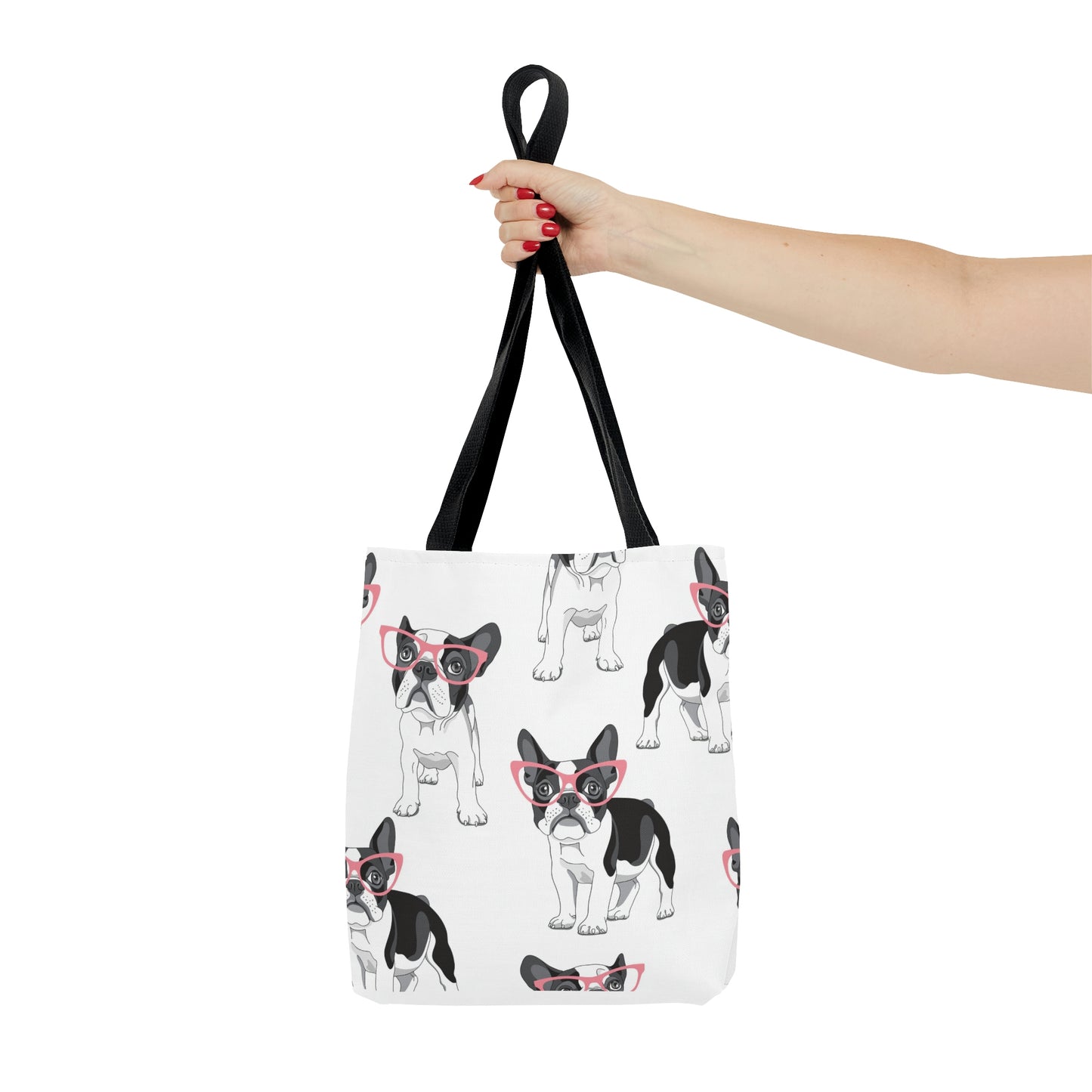 AOP Tote Bag "Pattern with cartoon French Bulldog in a pink glasses"