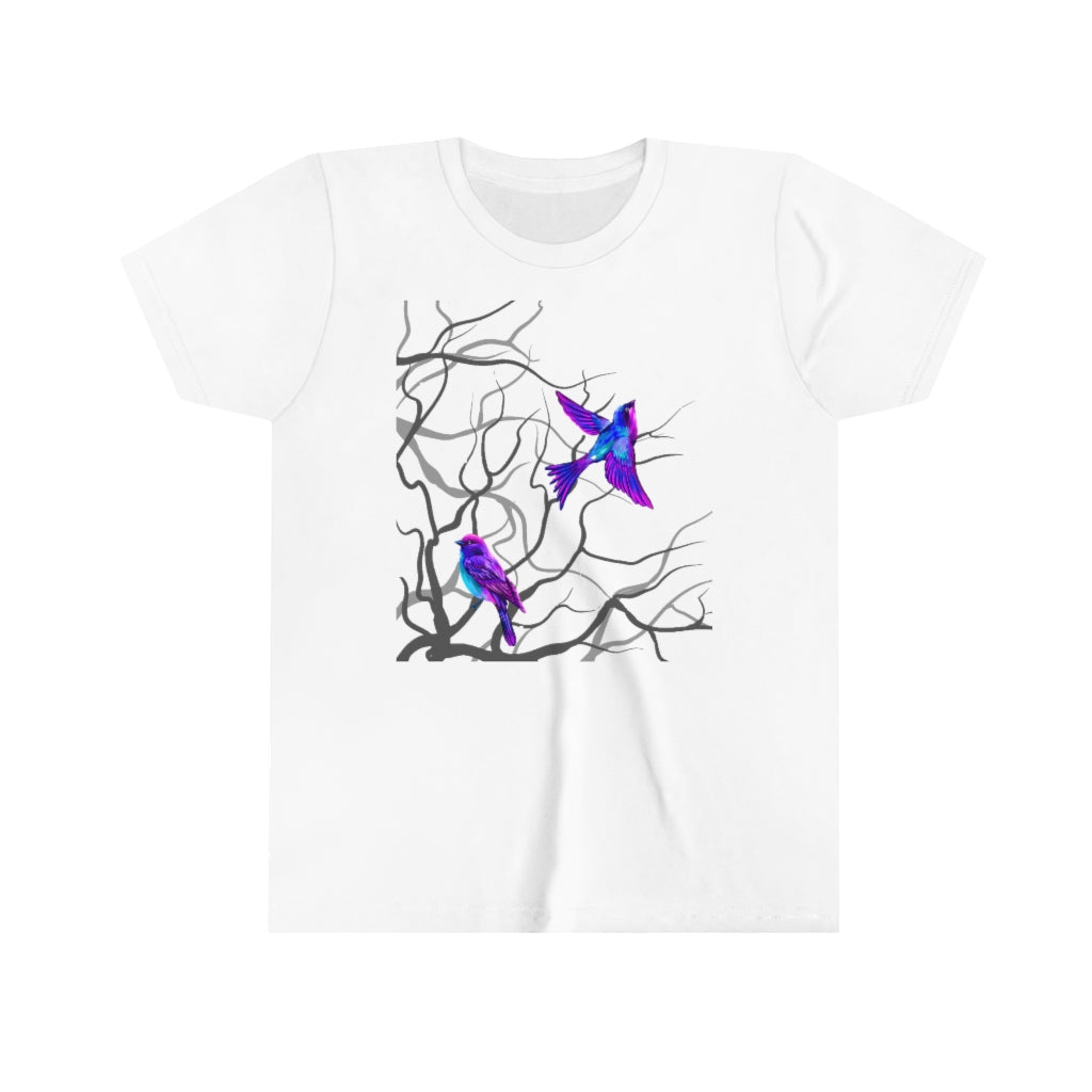 Youth Short Sleeve Tee "Multi-colored birds sitting on tree branches"