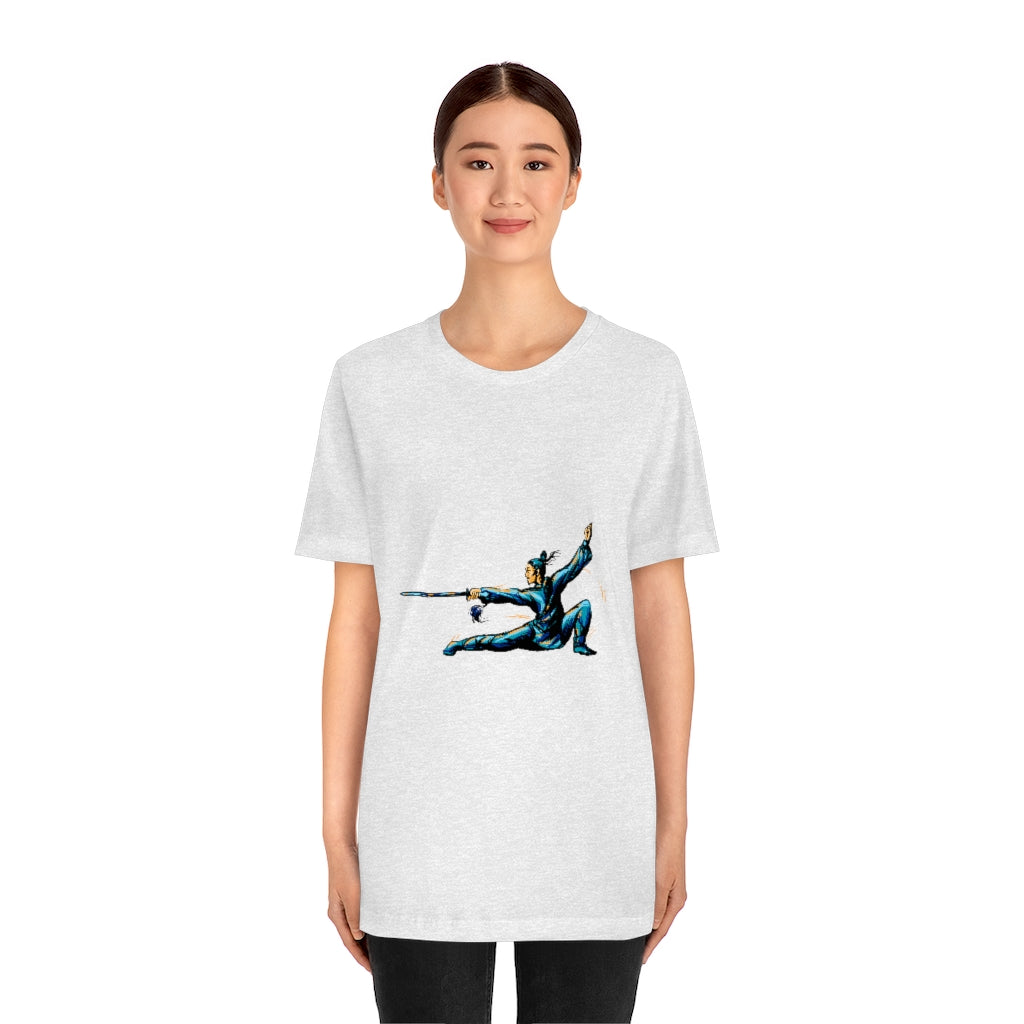Unisex Jersey Short Sleeve Tee "Master of wushu in a blue kimono with a sword on training"