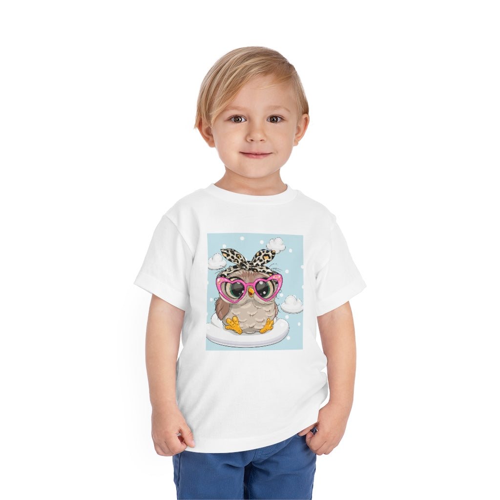 Kids Short Sleeve Tee "Cute Cartoon Owl in pink glasses on the cloud"