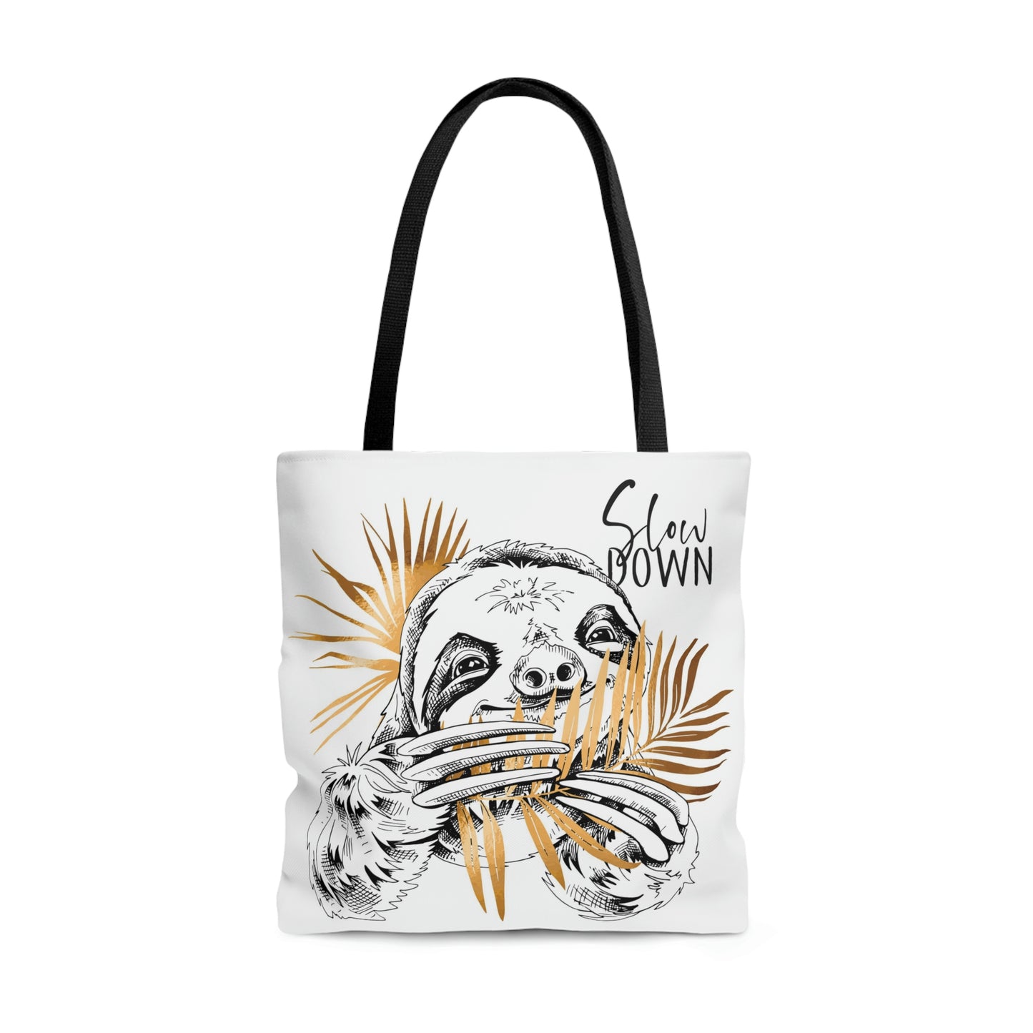 AOP Tote Bag "Cute Sloth with gold palm leaves. Slow down"