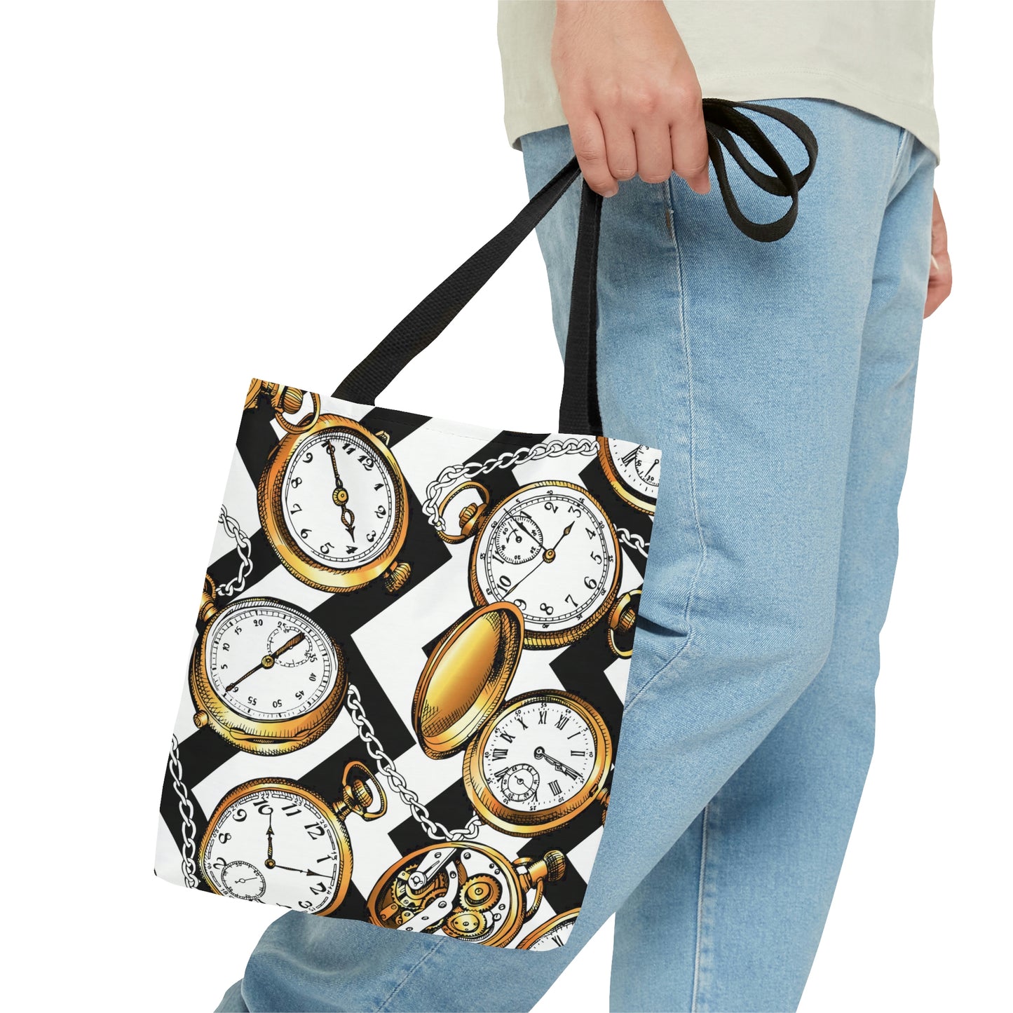AOP Tote Bag "Gold Vintage watches and a chain on a geometric background"