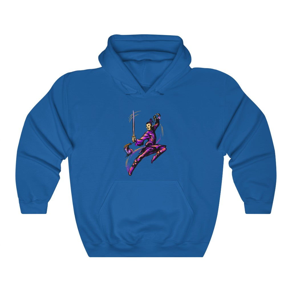 Unisex Heavy Blend™ Hooded Sweatshirt "Master of wushu in a purple kimono with a sword on training"