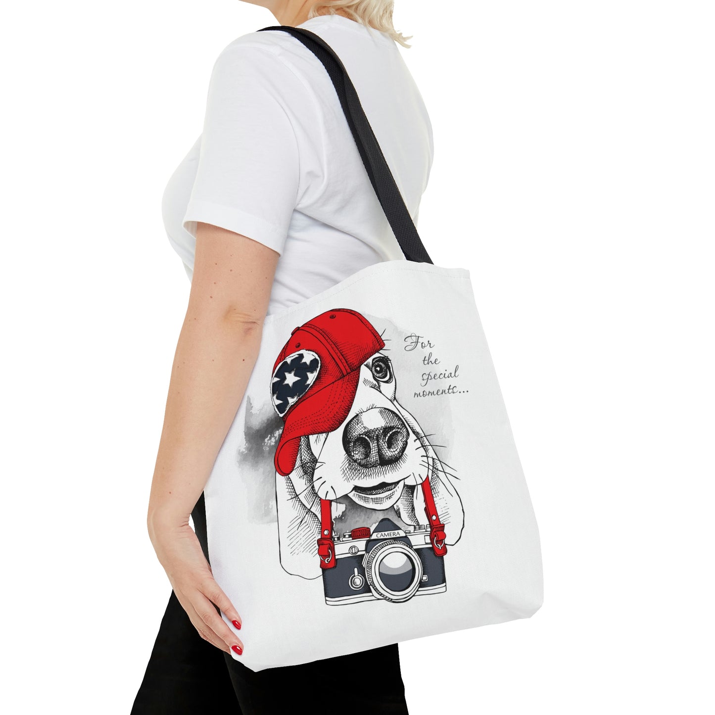 AOP Tote Bag "Dog Basset with a photo camera"