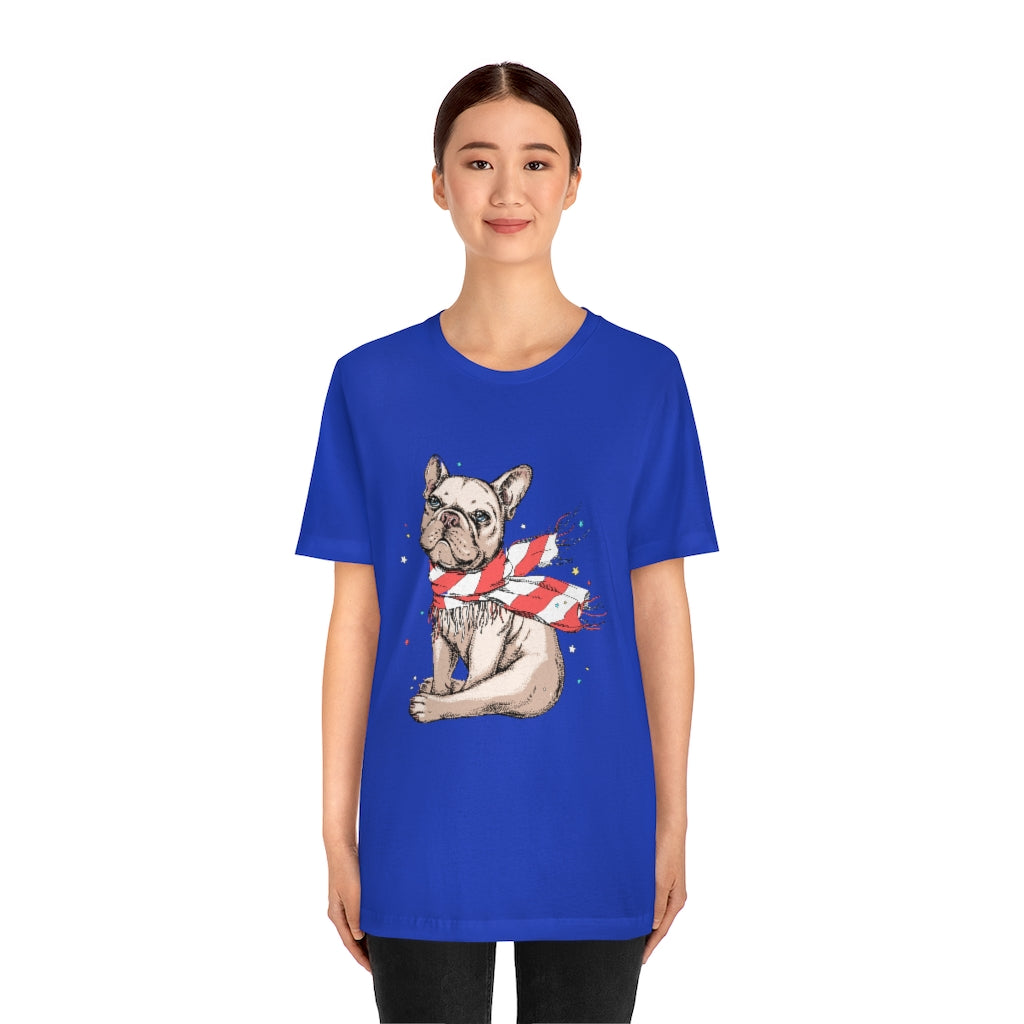 Unisex Jersey Short Sleeve Tee "French bulldog in a striped scarf"