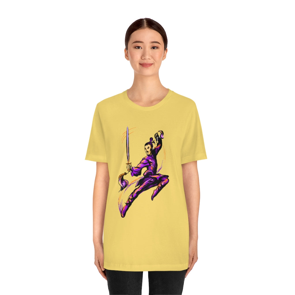 Unisex Jersey Short Sleeve Tee "Master of wushu in a purple kimono with a sword on training"