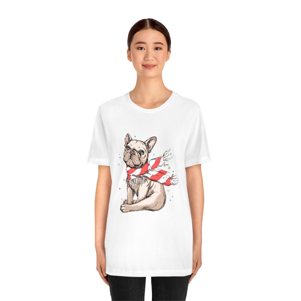 Unisex Jersey Short Sleeve Tee "French bulldog in a striped scarf"