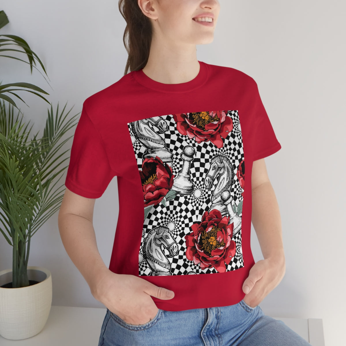 Unisex Jersey Short Sleeve Tee "Optical illusion Chess & flowers"