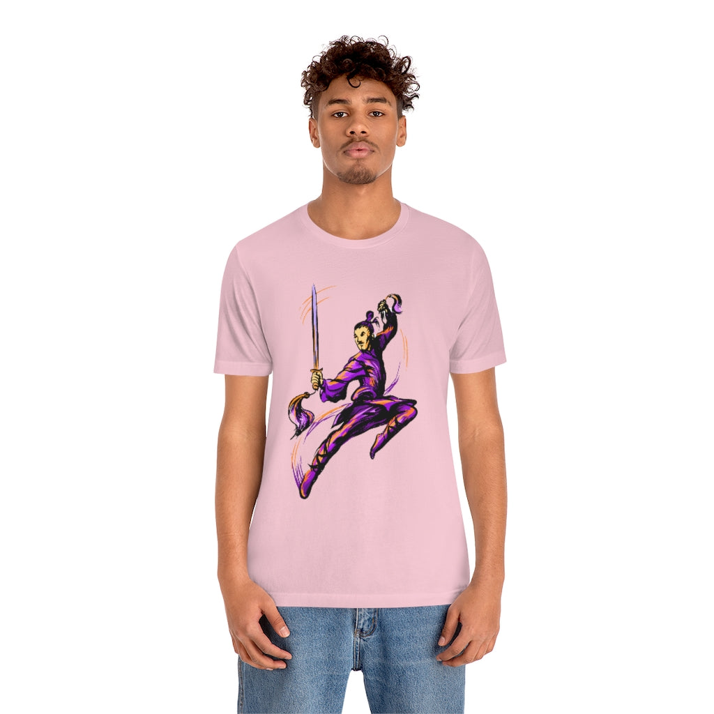 Unisex Jersey Short Sleeve Tee "Master of wushu in a purple kimono with a sword on training"