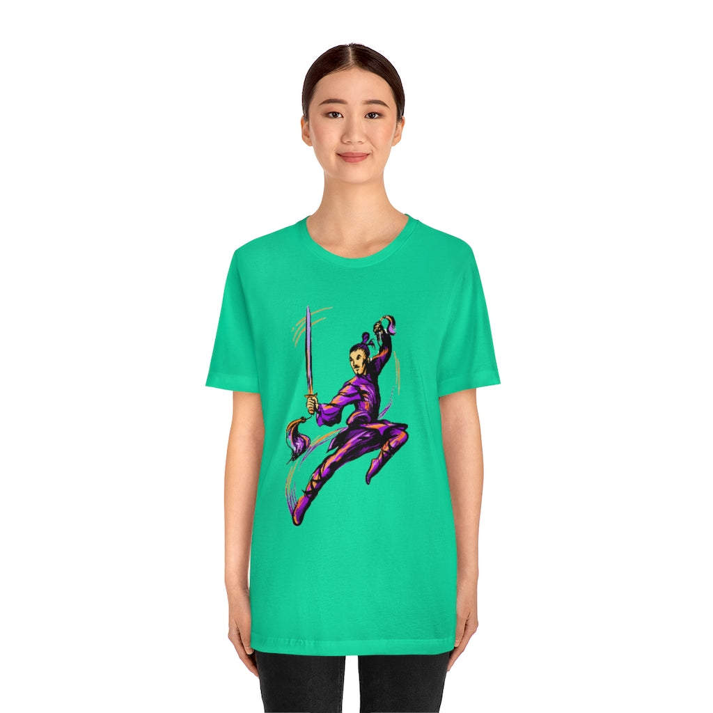 Unisex Jersey Short Sleeve Tee "Master of wushu in a purple kimono with a sword on training"