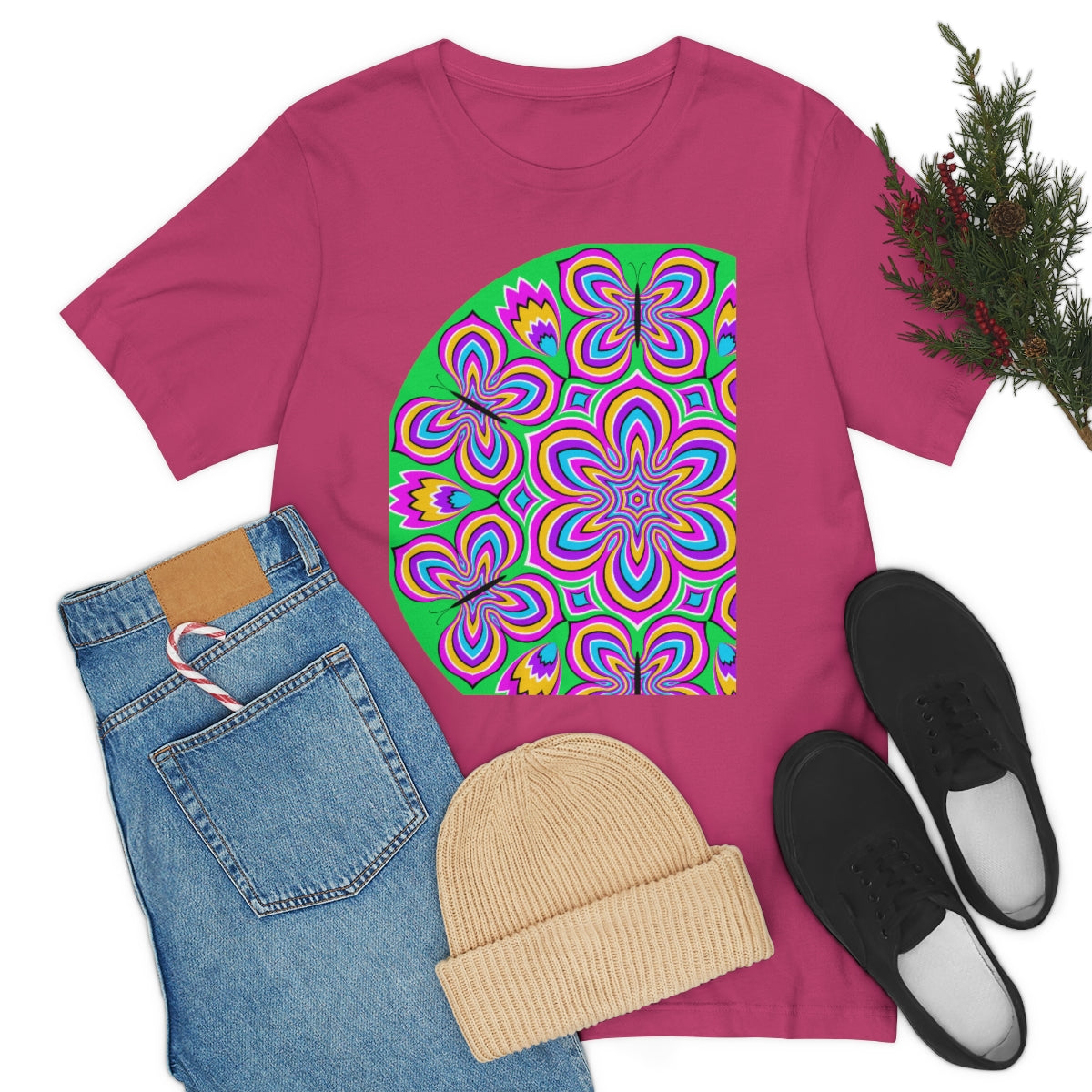 Unisex Jersey Short Sleeve Tee "Optical illusion Colorful flower and butterflies"