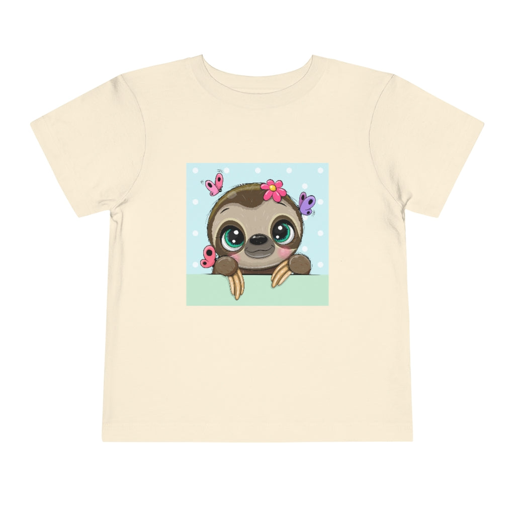 Kids Short Sleeve Tee "Cute Cartoon Sloth with butterflies on a blue background"