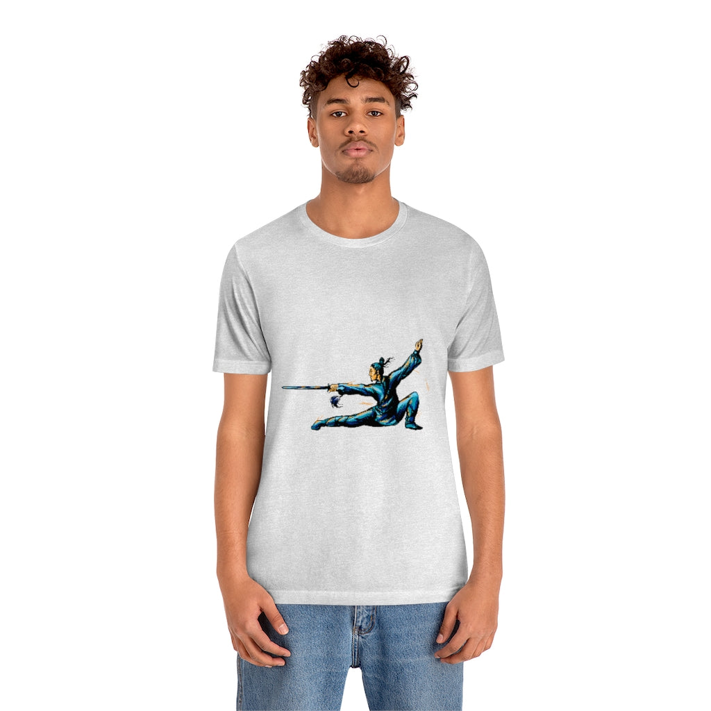 Unisex Jersey Short Sleeve Tee "Master of wushu in a blue kimono with a sword on training"