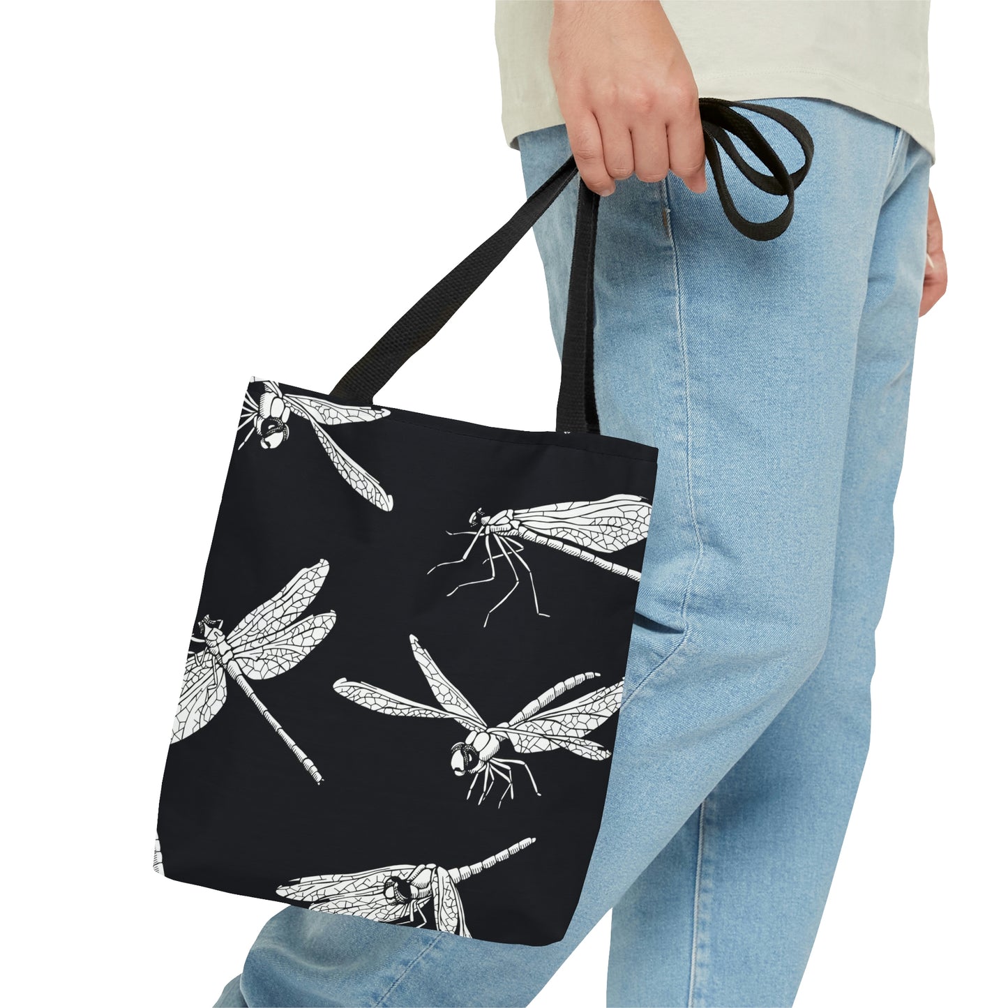 AOP Tote Bag "White dragonflies on a black background"