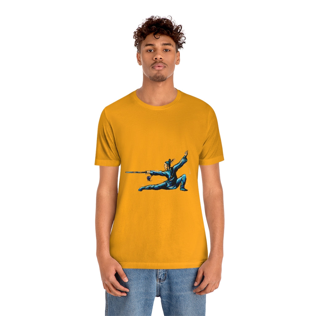 Unisex Jersey Short Sleeve Tee "Master of wushu in a blue kimono with a sword on training"