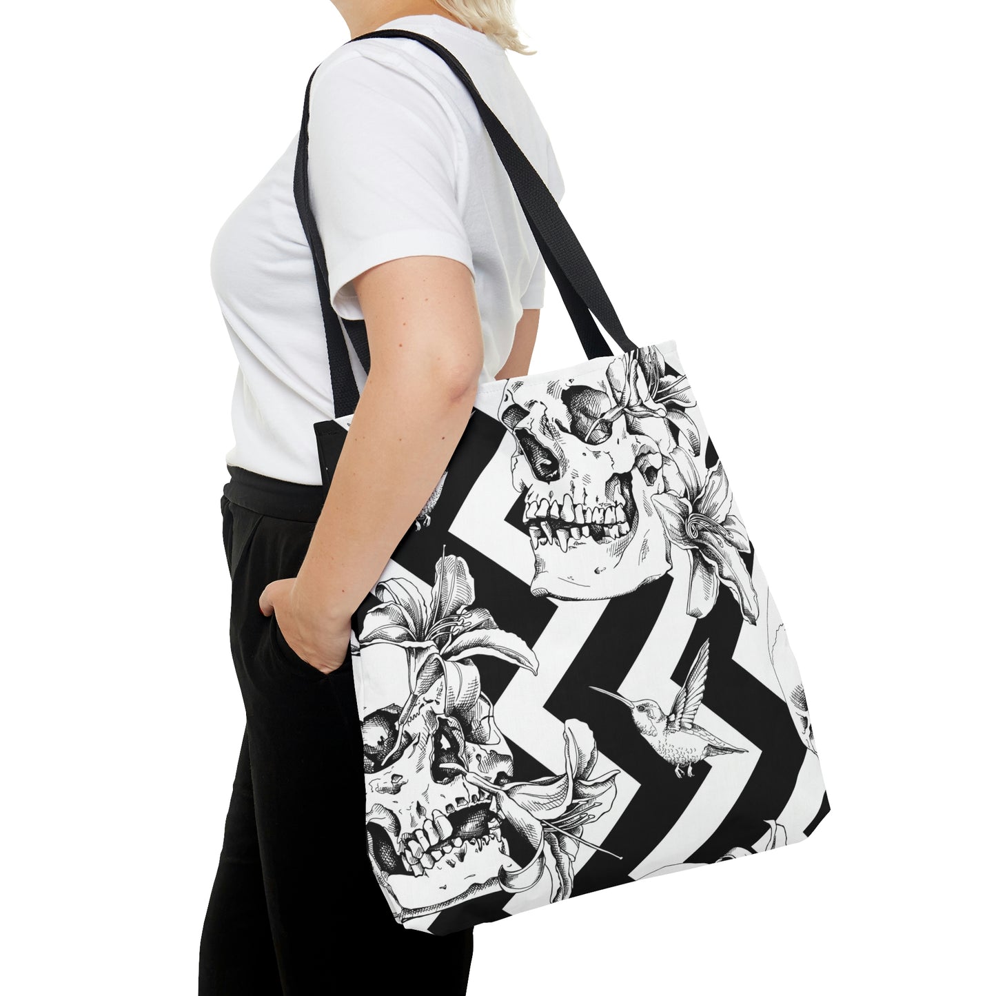 AOP Tote Bag "Human skulls with exotic flowers and bird on the geometric background"
