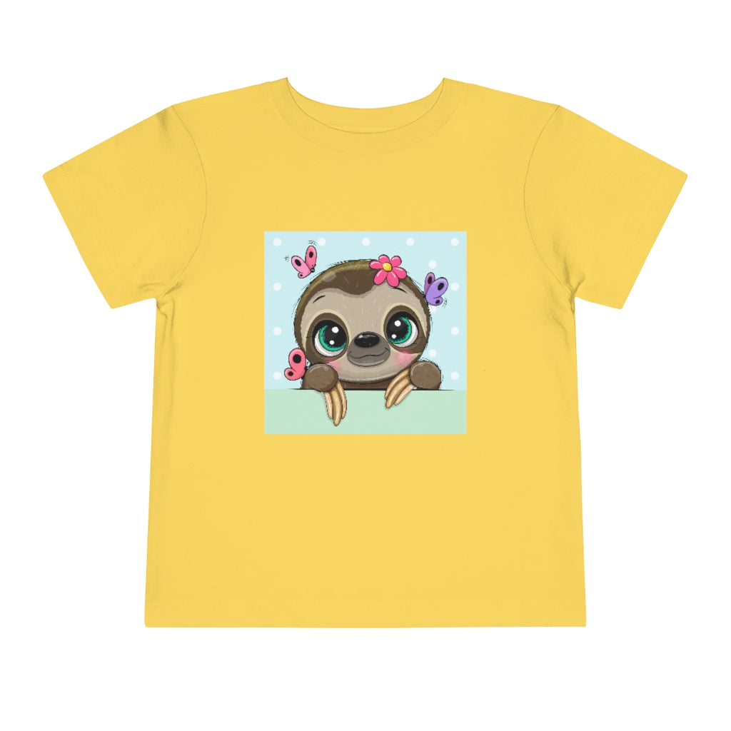 Kids Short Sleeve Tee "Cute Cartoon Sloth with butterflies on a blue background"