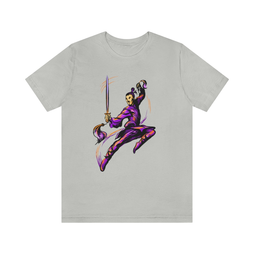 Unisex Jersey Short Sleeve Tee "Master of wushu in a purple kimono with a sword on training"