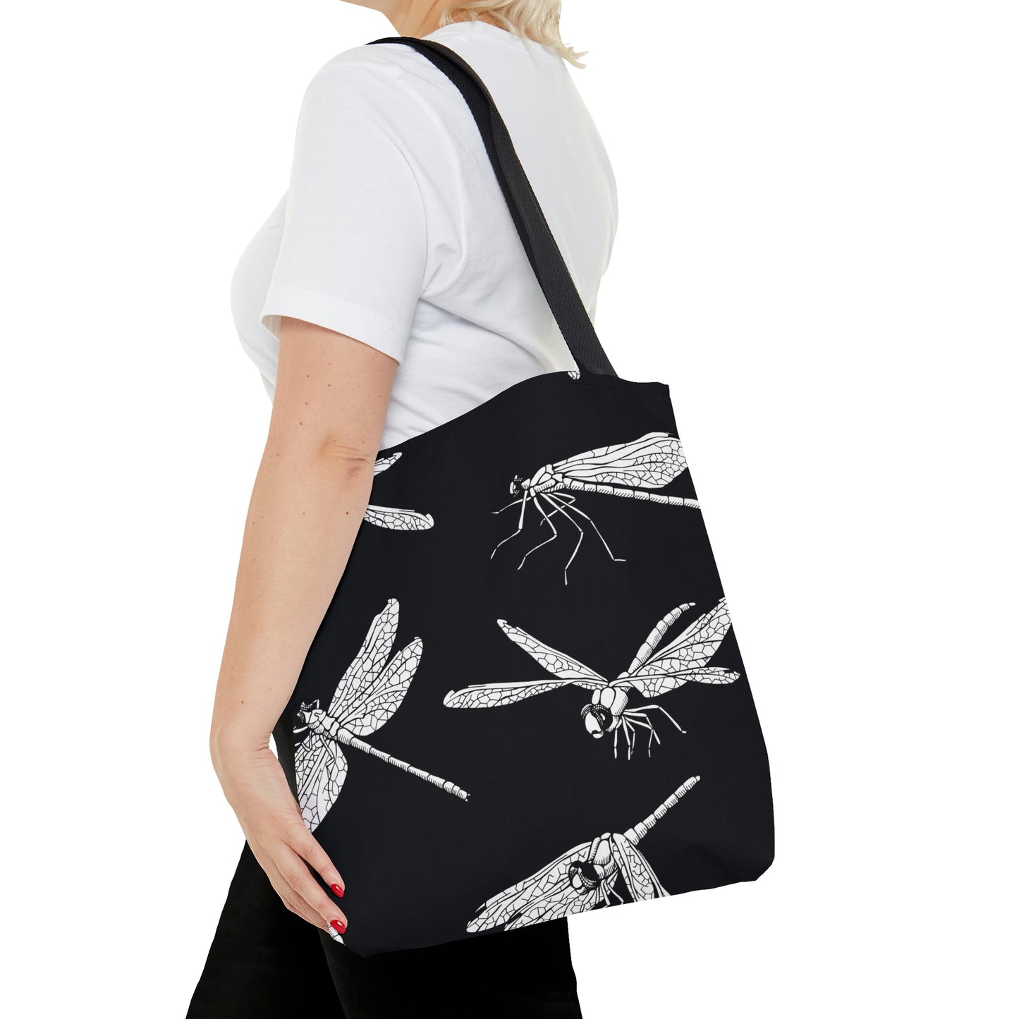 AOP Tote Bag "White dragonflies on a black background"