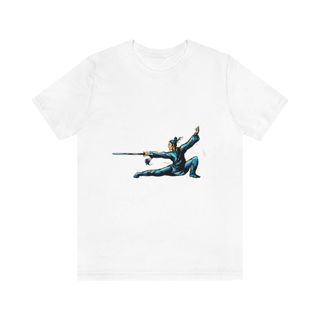 Unisex Jersey Short Sleeve Tee "Master of wushu in a blue kimono with a sword on training"