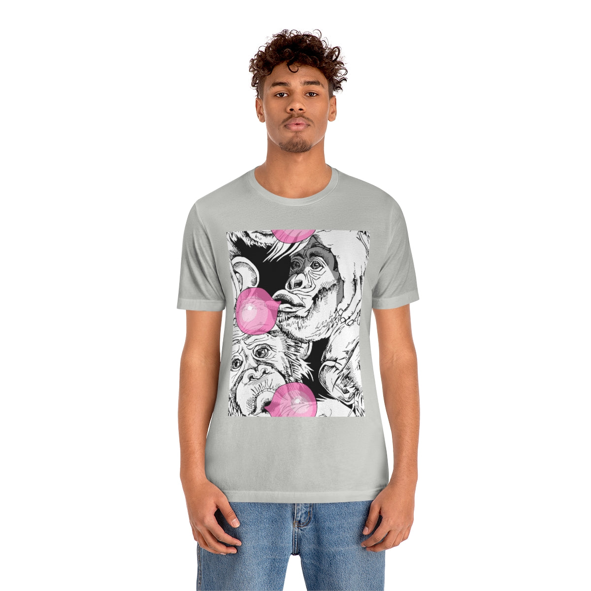 Unisex Jersey Short Sleeve Tee "Funny Monkey with a pink bubble gum"