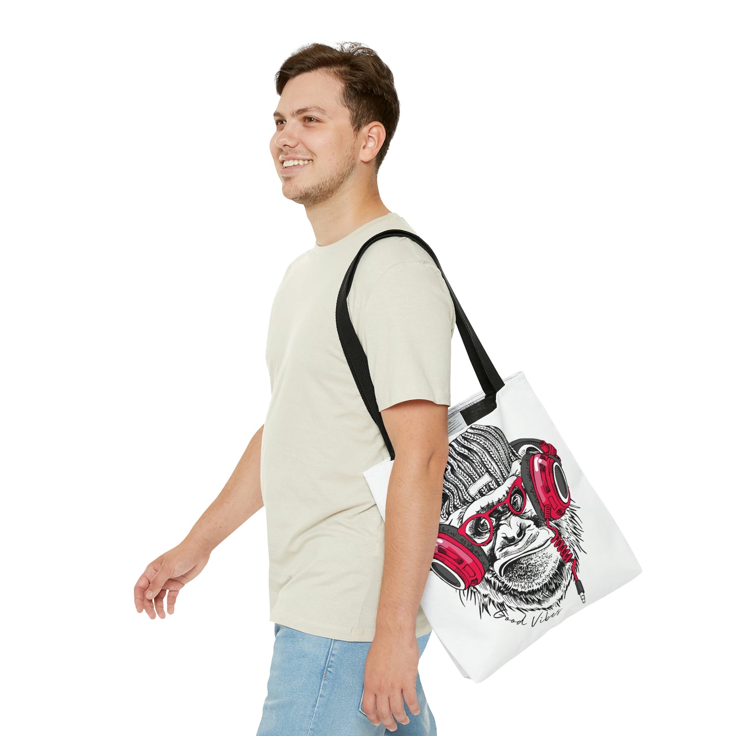 AOP Tote Bag "Funny Monkey and pink headphones"