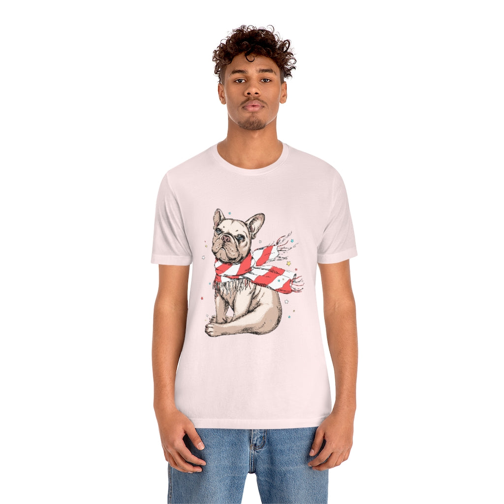 Unisex Jersey Short Sleeve Tee "French bulldog in a striped scarf"