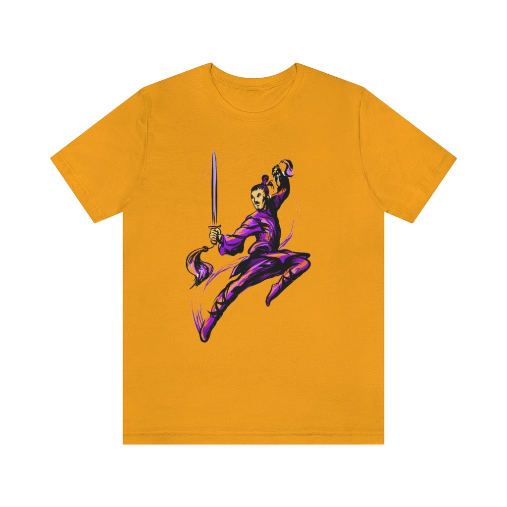 Unisex Jersey Short Sleeve Tee "Master of wushu in a purple kimono with a sword on training"